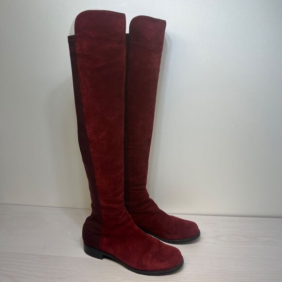 Stuart Weitzman 5050 OTK Over Knee High Wine Burgundy Red Suede Boots Size 8.5M - Picture 1 of 11